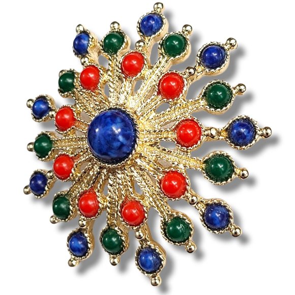 Designer Brooch Signed Sarah Coventry 60’s Red Blue Burst Pattern - Picture 2 of 6